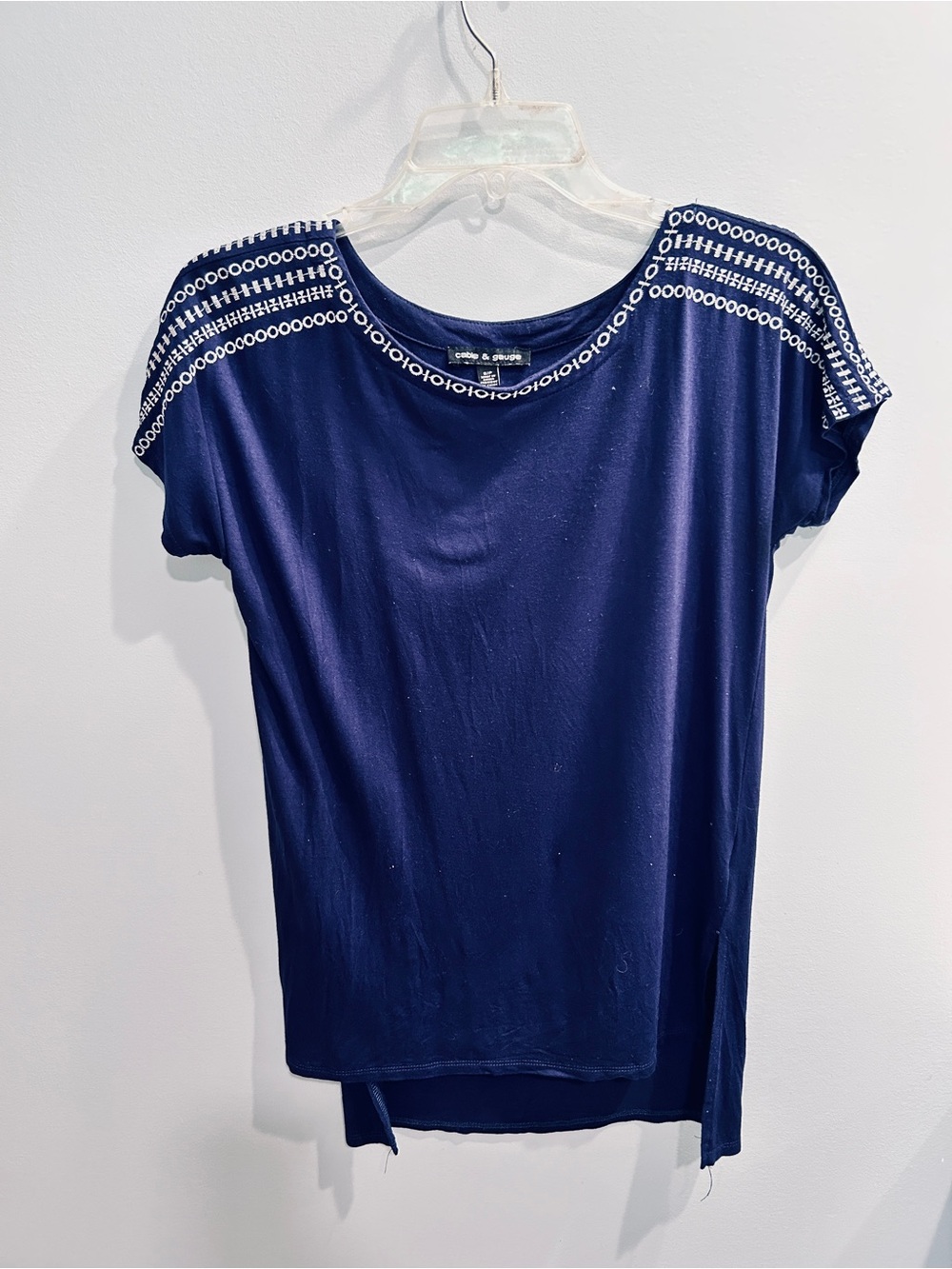 Cable & Gauge Navy Tee with White Eyelet Shoulder Trim